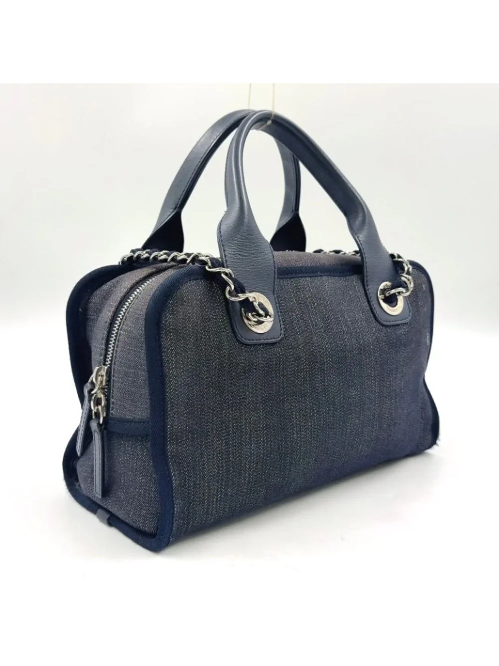 Chanel Deauville Line Bowling 2-Way Leather Denim Navy Blue Handbag Silver